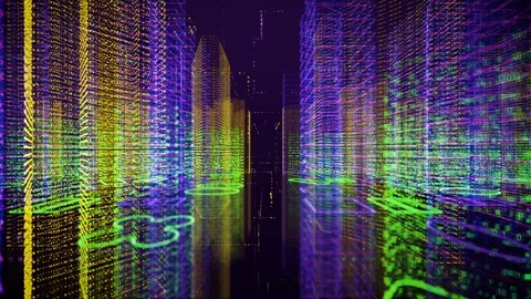 Digital city with a binary code particles network. Stockbeeldmateriaal 113744652