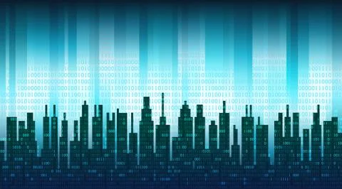 The digital city. Binary data in the cloud over an abstract skyline Stock Illustration