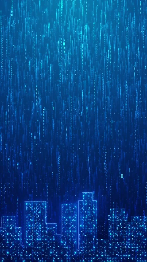 Digital city code rain background glowing skyline outlines, falling binary strea Stock Footage 340548295