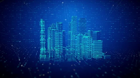 Digital City Connect Data in a blue and green 3d animation Stock Footage 239046900