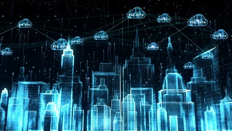 Digital city, Digital cyberspace, Digital data network cloud computing connec Stock Footage 123678089