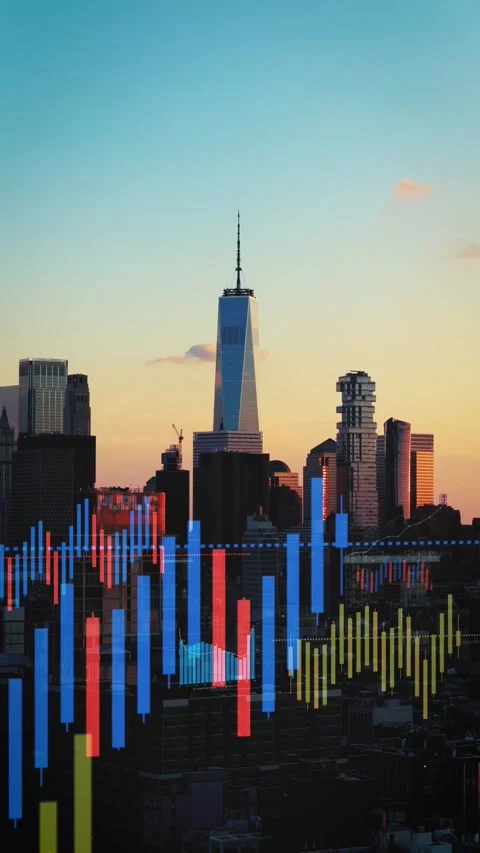 Digital City Financial Data Graph over Metropolitan Skyline at Sunset Stockbeeldmateriaal 330970801