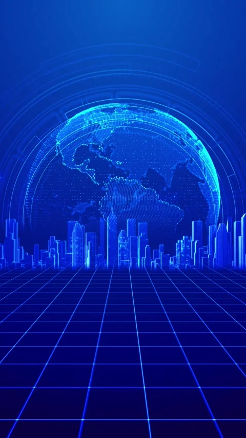 Digital city globe grid blue skyline, glowing earth, perspective floor, and futu Stock Footage 340526877