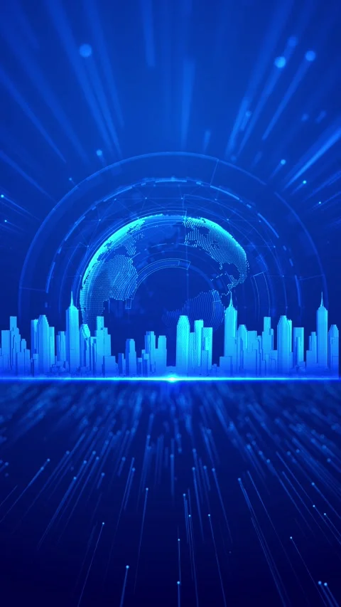 Digital city globe technology background blue skyline, global network sphere, gl Stock Footage 340575754