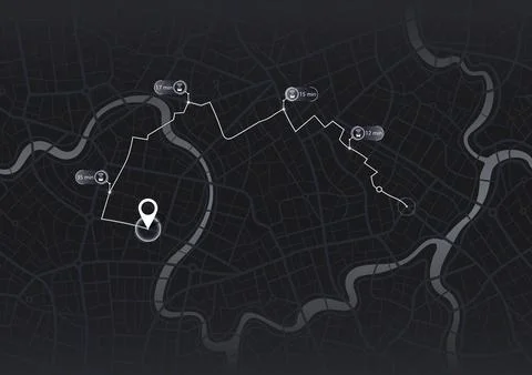 Digital city map with car navigation route and travel time markers. Dark urban Stock Illustration