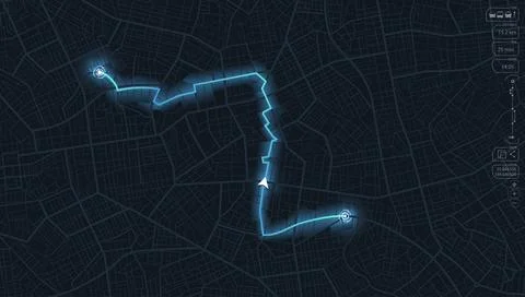 Digital city map dashboard with glowing navigation path and tracking interface Stock Illustration