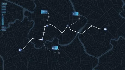 Digital city map navigation screen with white path and blue time labels on dark Stock Illustration