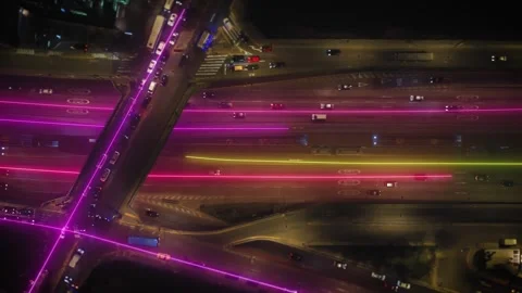 Digital City Motion Featuring Glowing Traffic Light Trails on Urban Highways Vidéo 330970318