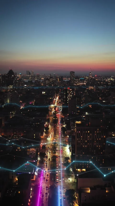 Digital City Motion Featuring Glowing Data Streams Above Urban Streets Vidéo 330971176