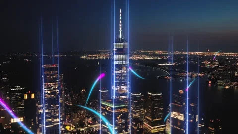 Digital City Motion Featuring Glowing Neon Light Trails Across Skyline 库存影片 330972471