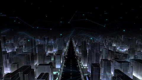 Digital City Network Building Technology Communication Data  Night Fc0 Video stock 137119563