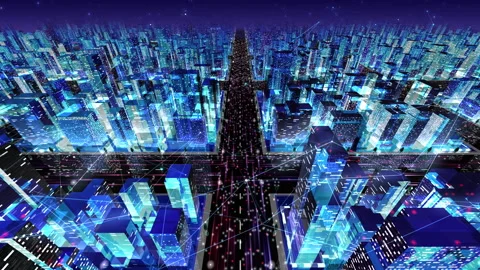 Digital City Network Building Technology Communication Data 20 Night Ba2 Stock Footage 142017066