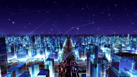 Digital City Network Building Technology Communication Data 20 Night Fc2 loop Stock Footage 142025019