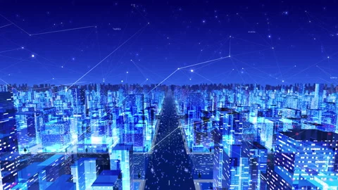 Digital City Network Building Technology Communication Data 20 Night Fa3 loop Video stock 142243571