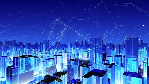 Digital City Network Building Technology Communication Data 20 Night HaC3 noloop Video stock 142246746