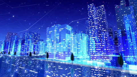 Digital City Network Building Technology Communication Data 20 Night Ca3 loop Video stock 142249406