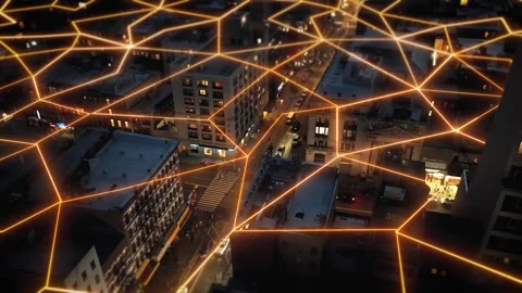 Digital City Network Concept with Glowing Geometric Connection Lines at Night 库存影片 330970630