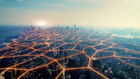 Digital City Network Connecting Skyscraper Architecture at Sunrise 库存影片 330971790