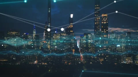 Digital City Network Connecting Skyscraper Buildings at Night Stock Footage 331043449