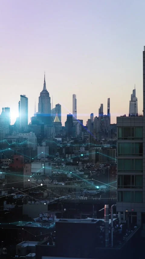 Digital City Skyline with Animated Data Connections at Twilight 库存影片 330971369