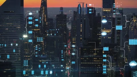 Digital City Skyline with Animated Data Network Connections and Nodes 库存影片 330972594