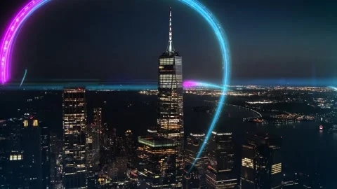 Digital City Skyline Featuring Abstract Glowing Neon Light Trails at Night 库存影片 330973207