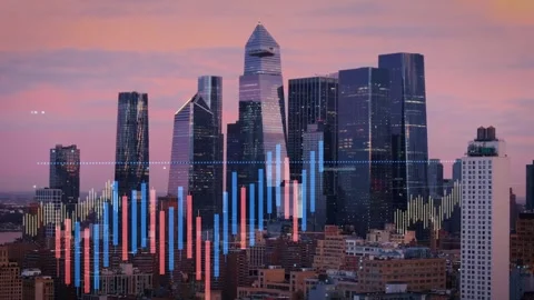 Digital City Skyline Featuring Animated Financial Trading Data Overlay 库存影片 330972847