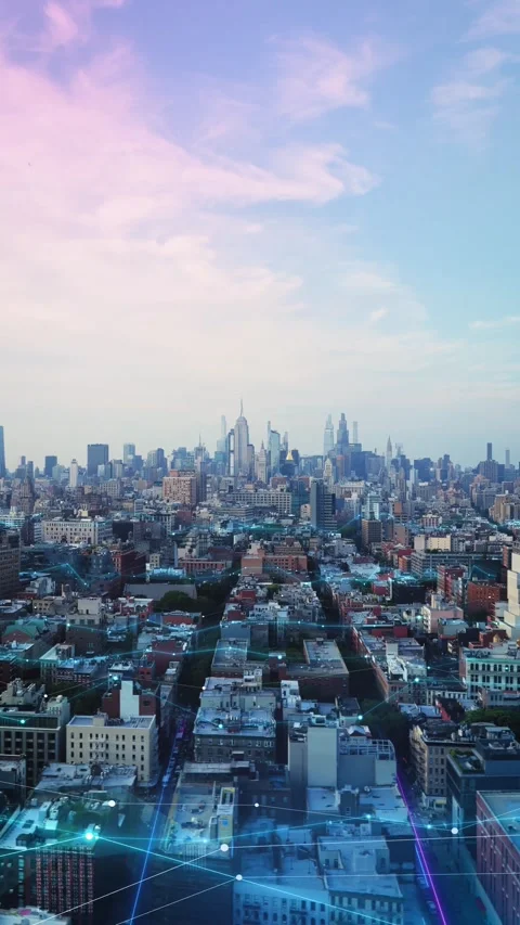 Digital City Skyline Featuring Glowing Network Connections and Data Flow 库存影片 330969047