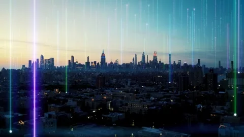 Digital City Skyline with Glowing Data Lines and Futuristic Network Connectivity Vídeo Stock 330972345