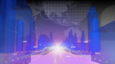 Digital cityscape with animation and data points overlaying futuristic world map 스톡 동영상 305688164