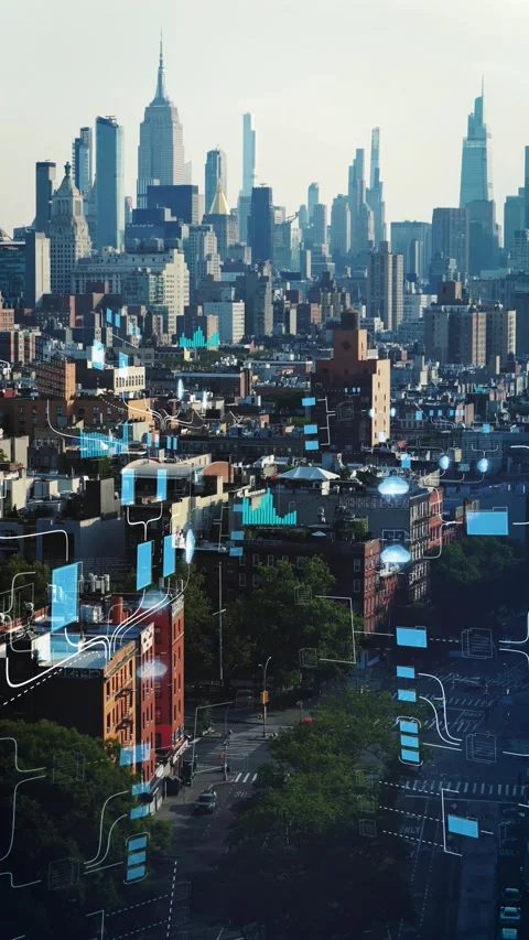Digital Cityscape with Data Analytics Graphs and Network Connectivity Nodes 库存影片 330970071