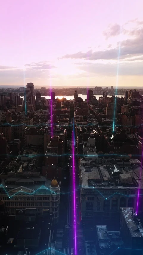 Digital Cityscape with Futuristic Data Connection Lines at Sunset 库存影片 330973404