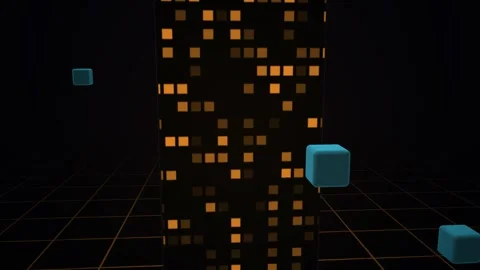 Digital cityscape with glowing blocks and grid background Stock Footage 340213621
