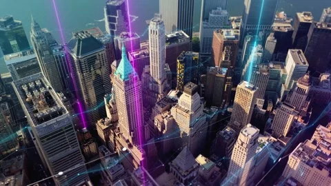 Digital Cityscape with Glowing Connectivity Lines over Modern Urban Buildings 库存影片 330970904
