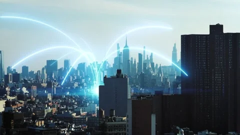 Digital Cityscape with Glowing Network Data Connections Vidéo 330969791