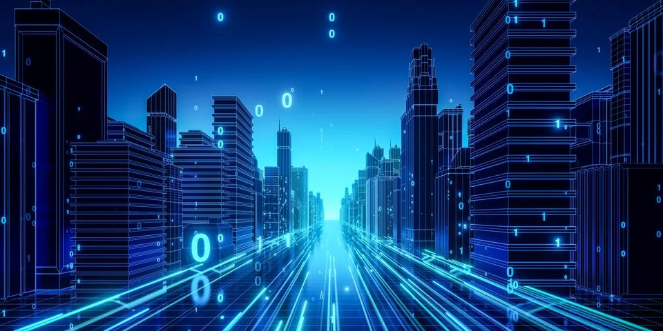 Digital Cityscape with Neon Binary Code Foto stock