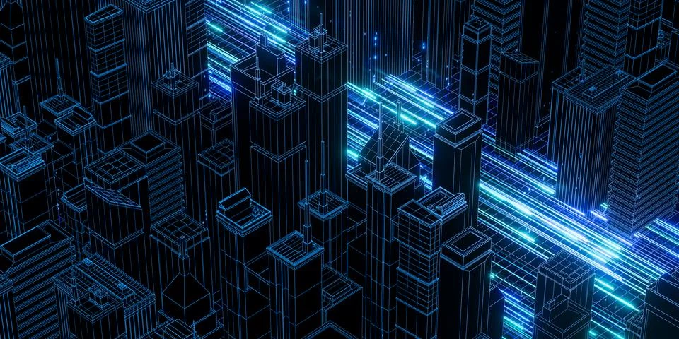 Digital Cityscape with Neon Binary Code 写真素材