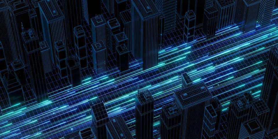 Digital Cityscape with Neon Binary Code Foto stock