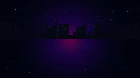 Digital cityscape at night with glowing grid and particles motion background. 스톡 동영상 341667832