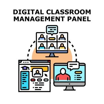 Digital classroom management panel connecting online education Stock Illustration
