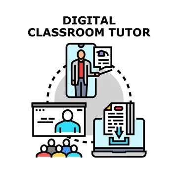 Digital classroom tutor providing online education and virtual learning Illustrazione stock