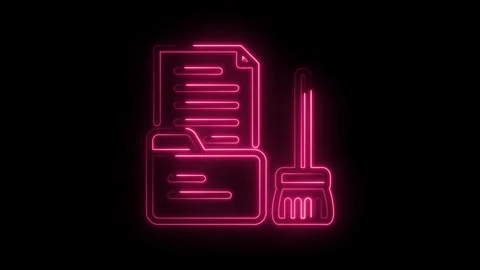 Digital cleanup neon style animation showing file folder and broom on dark .. Stock Footage 346002234