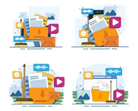 Digital cleanup set featuring cache deletion, cloud history removal. Stock Illustration