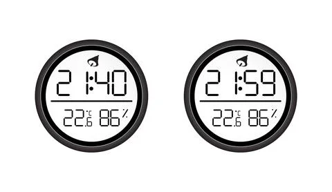 Digital clock and hygrometer showing time and temperature with black circular Stock Illustration