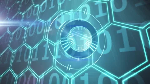 Digital clock animation over binary code and hexagonal network pattern Stock Footage 304202839