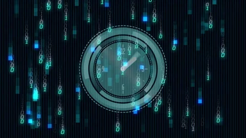 Digital clock animation over binary code and data stream background Stock Footage 304843501