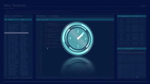 Digital clock animation over computer terminal with coding in progress Video stock 303529092