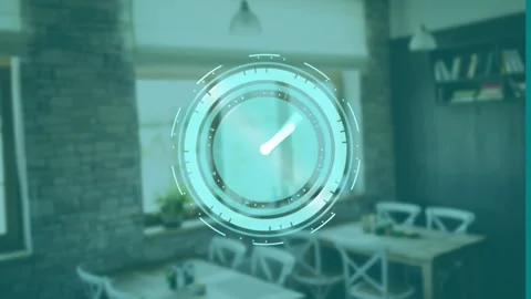 Digital clock animation over cozy restaurant interior with wooden tables and Stock-Footage 306241328