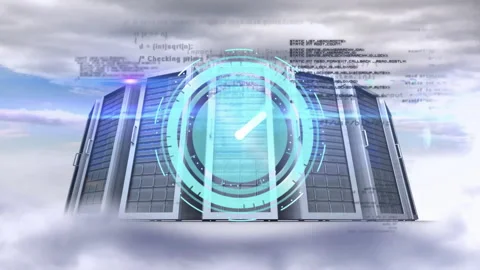 Digital clock animation over data center in clouds with programming code Stock Footage 306434341