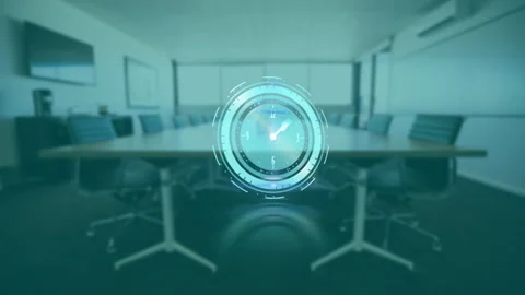 Digital clock animation over empty conference room with modern furniture Stock Footage 306241185